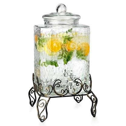 5 GALLON Drink dispenser, Glass Beverage Dispenser With Elegant Stand, Large Water Drink Dispensers for Parties With 100% Leak Proof Spigot, Ideal for Lemonade,Juice, Tea, and Party Drinks - color: Clear-5 Gallon&Stand