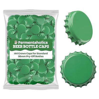 Fermentaholics Green Beer Bottle Caps - 144 Count Oxygen Absorbing Bottle Lids – 26mm Crown Caps for Homebrewing Beer, Cider, Soda, DIY Crafts and more – Fits Standard American Pry-Off Bottles