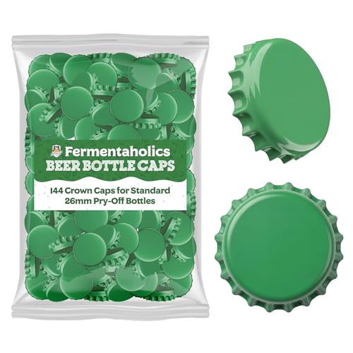 Fermentaholics Green Beer Bottle Caps - 144 Count Oxygen Absorbing Bottle Lids – 26mm Crown Caps for Homebrewing Beer, Cider, Soda, DIY Crafts and more – Fits Standard American Pry-Off Bottles