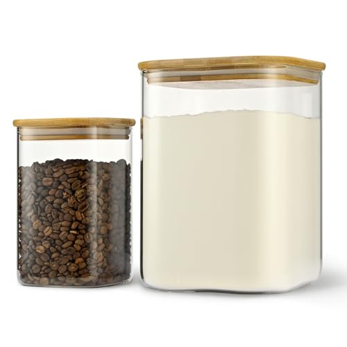 D2scrma 122oz 41oz Airtight Glass Square Storage Canister with Bamboo Lid Set of 2(3600ml*1 1200ml*1) Large Storage Container Gallon Glass Jars, for Sugar, Flour, and Coffee bean (with Black Lable) - size: 115oz*1/37oz*1
