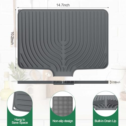 GUUKIN Dish Drying Mat, 14.7"x10.2" Drying Matt Kitchen Counter, Non-Slip Drying Pad, Easy Clean Pad for Countertop Protection, Multi-Functional Use (Grey) - color: Gray, size: 14.7" x 10.2"