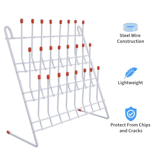 TEHAUX Lab Drying Rack, Space-Saving Lab Beaker and Tube Drying Holder with Non-Slip Red Top, Sturdy Iron Frame, 24 Pegs Vertical Drying Rack for Laboratory Glassware and Bottles (White)