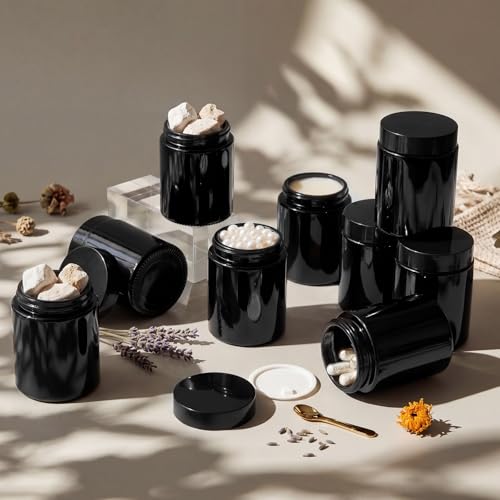 Domensi 36 Pcs Bulk 6oz Glass Jars with Lids Leakproof Round Airtight Empty Cosmetic Jars with Inner Liners Lid for Storing Lotions Spices Ointments Food Storage (Black) - color: Black