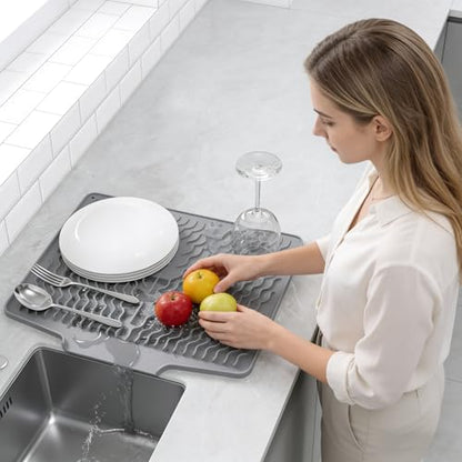 Silicone Dish Drying Mat for kitchen Countertop, Heat Resistant Mats, Dish Drainers for Kitchen counter, Hot Pot Holders, Dish Drying Rack with Built in Drain,(Gray, 15.6"x13") - color: Gray