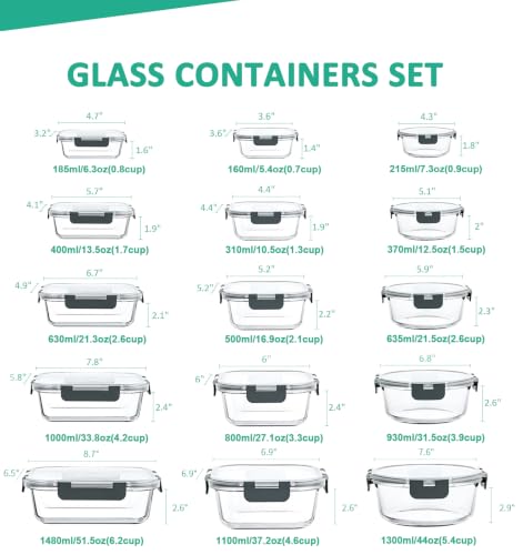 KOMUEE 30 Pieces Glass Food Storage Containers Set, Glass Meal Prep Containers Set with Snap Locking Lids, Airtight lunch Containers for Microwave, Oven, Freezer & Dishwasher,Gray - color: Gray