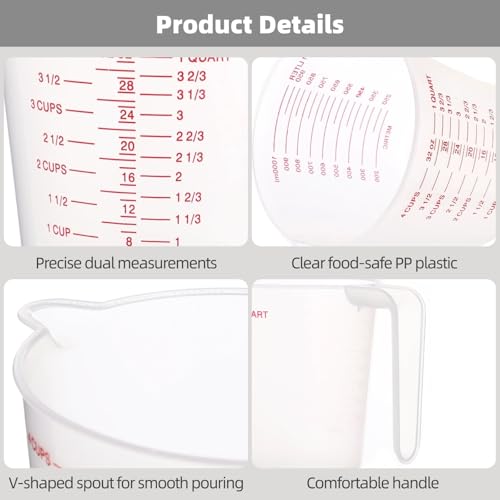 8 Pcs Plastic Measuring Cups Set, 1000 ml Liquid Measuring Cups, Clear Graduated (4 Cup), Multi-Scale, Plastic Mug with Spout and Handles, Ideal for Recipe Ingredient, Flour, Water, Liquid