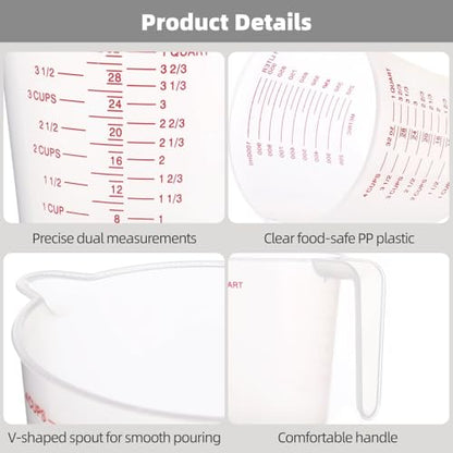 8 Pcs Plastic Measuring Cups Set, 1000 ml Liquid Measuring Cups, Clear Graduated (4 Cup), Multi-Scale, Plastic Mug with Spout and Handles, Ideal for Recipe Ingredient, Flour, Water, Liquid
