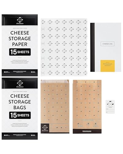 Formaticum Cheese Storage Kit | Cheese Storage Bags, Cheese Storage Paper, Cheese Log Pocket Journal, Porous Brown Paper Bags - size: 15-Pack-Bags & 15-Pack-Sheets + Cheese Log