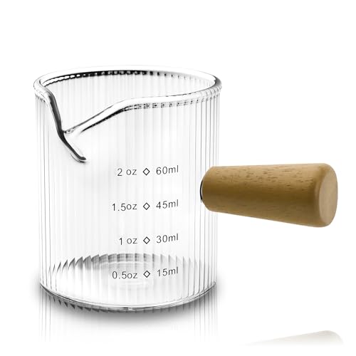 Espresso Measuring Cup 2 OZ, Espresso Glass Cups with Wood Handle, Milk Frothing Cup, Espresso Cup for Coffee, Milk, Tea or Maple Syrup Serving (Transparent, 2 oz) - color: Transparent Color, size: 2 oz