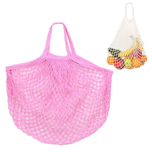 M METERXITY 1-Pack Cotton Mesh Bag, Reusable Washable Mesh Net String Grocery Bags, Reusable Produce Bags with Handle, Net Tote Bag for Fruits/Vegetables Shopping [Pink, Short Handle] - color: Pink