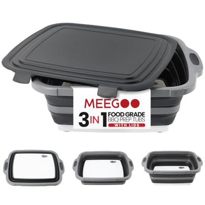 BBQ Prep Tub 3-IN-1 Large 8L Collapsible Cutting Board with Locking Lid for Meal Prep Marinating Food, Camping Sink with Colander, Dish Basin, Storage Blanket for Camping Picnic BBQ, Black - color: Black 8L