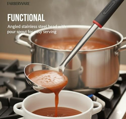 Farberware Stainless Steel Soup Ladle with Pour Spout, 12.5-Inch Kitchen Ladle Spoon for Soups, Stews, and Sauces - Dishwasher Safe Serving Ladle