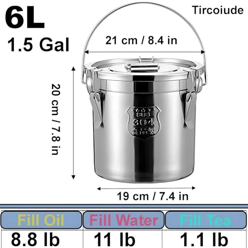 5.6L(1.6갤런) 소형 304 스테인리스 스틸 용기, 뚜껑 포함, 5.7L(206온스) 밀폐 밀가루 용기 주방, 2.3-4.5kg(5-10파운드) 금속 밀폐 통, 우유 저그 커피 콩 통, 잠금 클램프 포함 6L(휴대용) - size: Handheld 6L/1.6gal