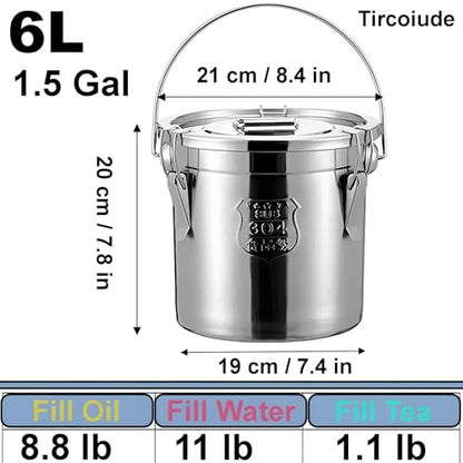 5.6L(1.6갤런) 소형 304 스테인리스 스틸 용기, 뚜껑 포함, 5.7L(206온스) 밀폐 밀가루 용기 주방, 2.3-4.5kg(5-10파운드) 금속 밀폐 통, 우유 저그 커피 콩 통, 잠금 클램프 포함 6L(휴대용) - size: Handheld 6L/1.6gal