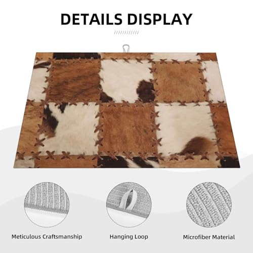 Cowhide Dish Drying Mat Patchwork Cow Fur Print Farm Animal Western Cowboy Drying Rack Pad Countertop Dishes Ultra Absorbent Microfiber Kitchen Counter Mat 18x24 Inch - color: Brown Beige