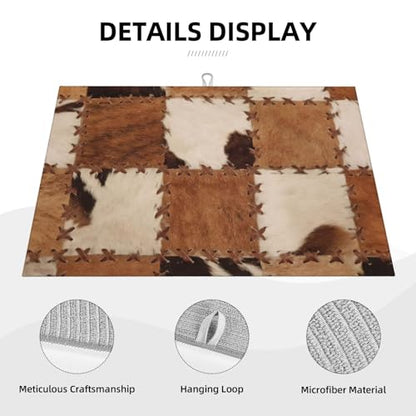 Cowhide Dish Drying Mat Patchwork Cow Fur Print Farm Animal Western Cowboy Drying Rack Pad Countertop Dishes Ultra Absorbent Microfiber Kitchen Counter Mat 18x24 Inch - color: Brown Beige