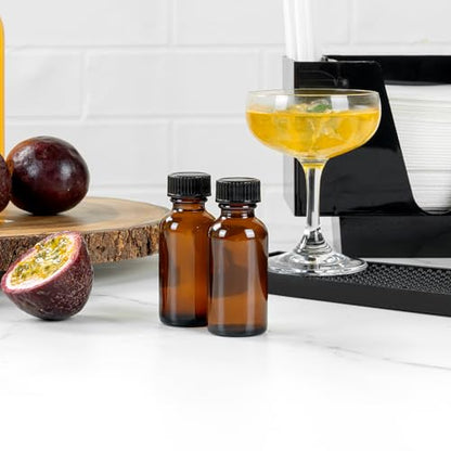 Restaurantware Vetri 1 Ounce Boston Glass Bottles, 48 Sample Bottles With Black Phenolic Caps - Dishwashable, Round, Amber Glass Bottle, For Potion, Juice, Ginger Shots, Whiskey, Liquids - color: Amber, size: 1 oz