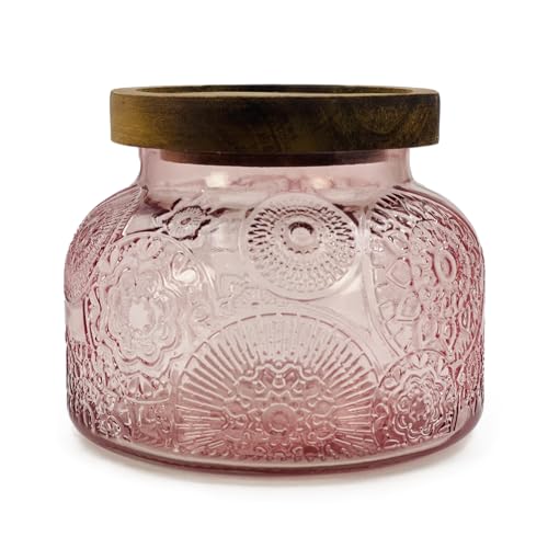 Decorative Pink Glass Jar with Airtight Wooden Lid 25.4 oz, Wide Mouth Vintage Kitchen Food Storage Container for Cookie Candy Honey Flour Spice Coffee Tea, Home Decor Sand Candle Holder Vase - size: 25.4 Ounces, style: Pink Flower