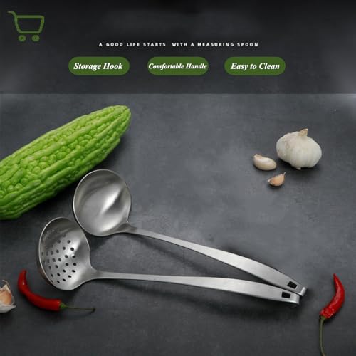 Cooking Ladles,Serving Scoop And Ladle Strainer Set Of 2 with Hook and Hole for Easy Hanging,Stainless Steel Soup Ladles Set for Kitchen - size: L With Hook
