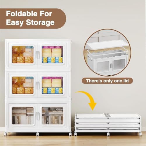 BROVIEW 900Qt Large Stackable Storage Bin Only One Lid, 225Gal Stackable Storage Bins Open Front with Wheels, Plastic Storage Cart Organizer and Storage for Home Kitchen, 3Packs, White