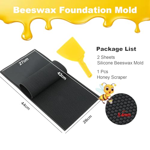 Silicone Beeswax Foundation Press Mold with Honey Scraper, 5.4mm Honeycomb 2 Sheets Non-Stick Reusable for Beekeeping and Candle Making Supplies (Black) - color: Black