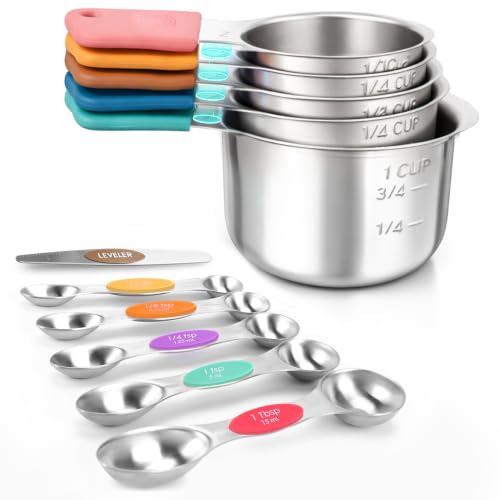 DIYORA Magnetic Measuring Cups and Spoons Set, 13-Piece 304 Stainless Steel Measuring Set with Leveler, Mini Whisk, Conversion Chart, Double-Sided Spoons for Baking and Cooking