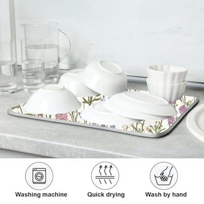 Kcldeci Flower Border Herbs Wild Flowers Plant Dish Drying Mat Kitchen Drying Pad Dish Draining Mat Dish Rack Drainer Pad 16 x 18 - color: Herbs, size: 16x18in