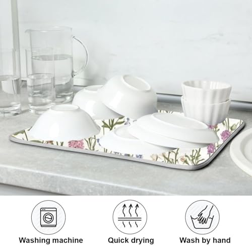 Kcldeci Flower Border Herbs Wild Flowers Plant Dish Drying Mat Kitchen Drying Pad Dish Draining Mat Dish Rack Drainer Pad 18 x 24 - color: Herbs, size: 18x24in