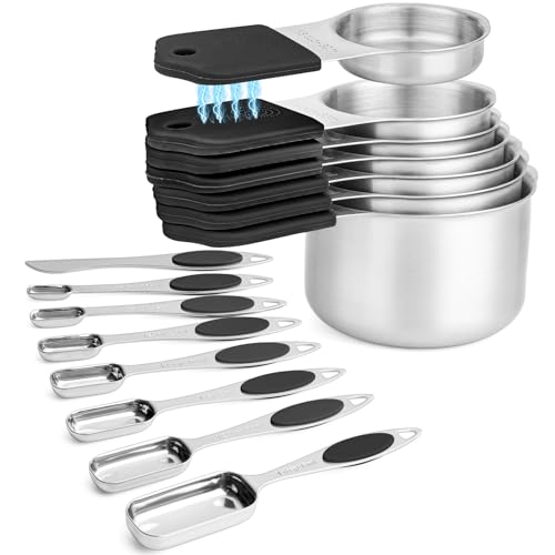 Magnetic Measuring Cups and Spoons Set, 7 Stainless Steel Measuring Cups and 7 Rectangular Metal Teaspoon with 1 Leveler for Cooking & Baking (Black) - color: Black