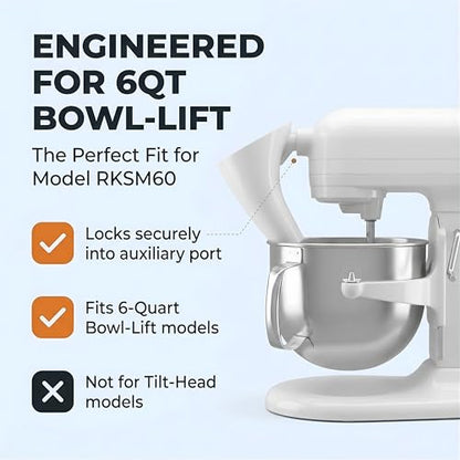 ZOFINA™ Flour Funnel for KitchenAid 6 Qt Bowl-Lift Stand Mixer RKSM60 + Cord Organizer | Mess-Free Pouring Attachment | No-Spill Baking, Food-Grade | Easy Pour & Dishwasher Safe