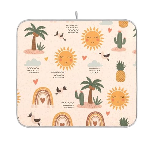 Tropical Sun Palm Tree Dish Drying Mat for Kitchen Counter Super Absorbent Draining Mat with Non-slip Backed Sink Tray Mat for Dish Bottles Cups Bowl Sinks Countertops Draining Racks