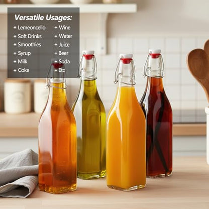 Ruckae Square Swing Top Glass Bottles with Lids Kombucha Coquito Flip Top Glass Bottle for Syrup Vanilla Extract Brew Beer Kefir Air Tight Bottles for Gift (16 oz 8 pack) - size: 16 oz 8 pack