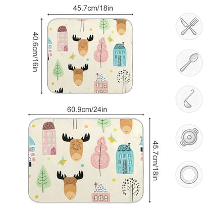 Moose Tree House Beige Dish Drying Mat for Kitchen Counter Super Absorbent Draining Mat with Non-slip Backed Coffee Mat for Dish Cups Bowl Bottles Countertops Sinks Draining Racks