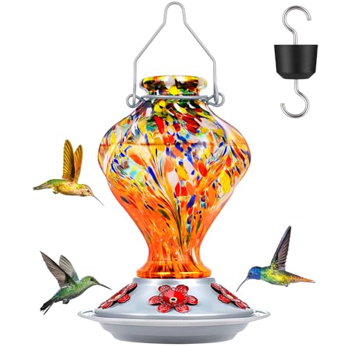 Hummingbird Feeder, BOLITE Glass Hummingbird Feeders for Outdoors Hanging, Hand Blown Twisted with Ant Moat, 5 Bee-Proof Ports, 360° Perch, Leak-Proof, 24oz, Orange, Gifts for Mom Dad Women Men - color: Orange Fireworks