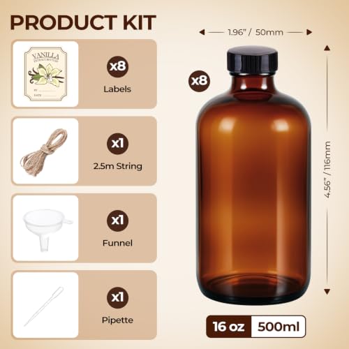 8 Pack 16oz Amber Glass Bottles with Caps and Labels - Large Boston Round Syrup Bottles for Elderberry, Liquid Supplements, Kombucha & Vanilla Extract - Airtight & Leakproof Apothecary Bottles