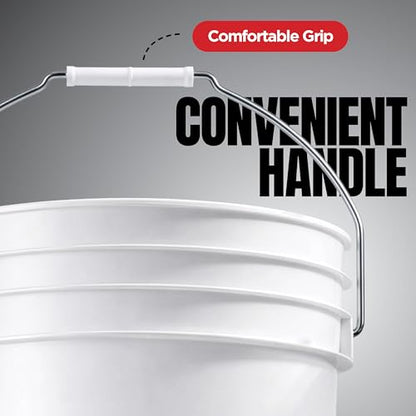 5-Gallon White Bucket Pail With Airtight Lid, Food Grade BPA-Free Premium HDPE, Made In USA, Heavy-Duty Extra Durable Multi-Use, Metal Handles Plastic Grip Easy Carrying, Stackable Easy Store - 6 Pack - size: 6 Pack