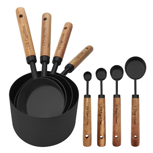 Black Measuring Cups and Spoons Set, Measuring Spoons and Measuring Cup Set for Cooking & Baking with Wood Handle - color: Black