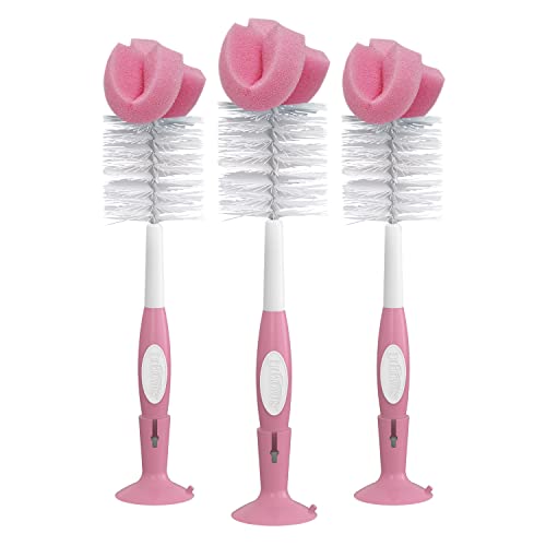 Dr. Brown's Reusable Sponge Baby Bottle Cleaning Brush Set with Suction Cup Stand, Scrubber and Nipple Cleaner, Pink, 3 Pack - color: Pink Bottle Brush, size: 3-Pack