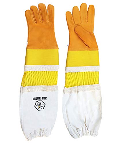 Brutul Bee Beekeeping Cowhide Leather Ventilated Gloves With Rubber & Mesh Cuff Long Protective Vented Sleeves - size: X-Large