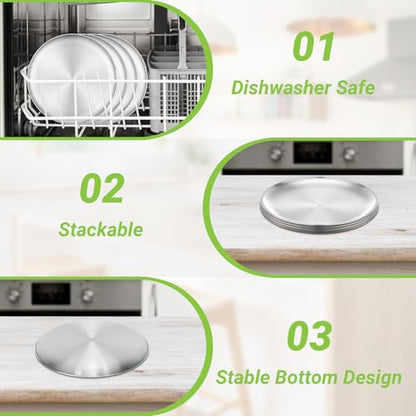 Metal Dinner Plate, 4 Pack 10.2 inch Large 201 Stainless Steel Plates, Reusable Lunch Salad Pizza Food Serving Snack Eating Dishes Round Brushed Finish Silver Sturdy Dish Oven Dishwasher Safe - size: 10.2"