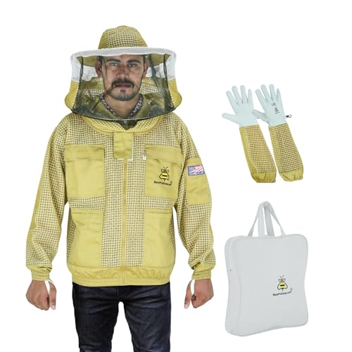 3-Layer Ventilated Mesh Bee Jacket for Men & Women with Veils Sting-Proof Beekeeping Jacket with Leather Gloves & Bag - color: Brown Round Veil, size: Small