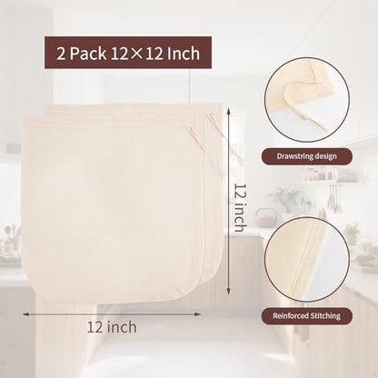 Nut Milk Bags, All Natural Cheesecloth Bags, 12"x12", 2 Pack, 100% Unbleached Cotton Cloth Bags for Tea/Yogurt/Juice/Wine/Soup/Herbs, Durable Washable Reusable Almond Milk Strainer(WEAVE 65x52)