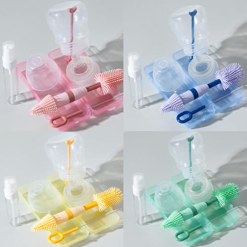 Travel Bottle Brush, 6-in-1 Portable Travel Bottle Cleaner Kit with Small Bottle Brush Built in Drying Rack, Nipple Brush, Straw Brush, Soap Dispenser, for Baby Bottles Under 8 OZ, BPA-Free(Pink) - color: Pink