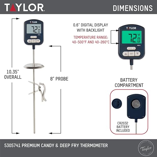 Taylor Digital Premium High Heat Resistant Candy Thermometer, Meat, Deep Fry, Brewing, and Craft Thermometer, with pan/Kettle Clip and Heat Shield, Backlit Display, and Includes 1 CR2032 Battery, Navy - color: Navy