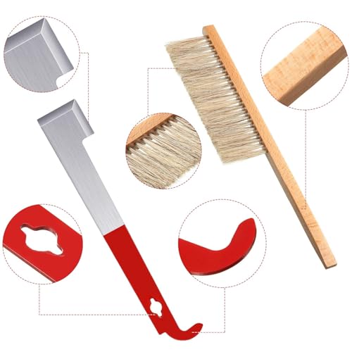 Mudder 3 Pcs Bee Hive Tools for Beekeeping, Stainless Steel J Hook and 2 Bee Brush, Beehive Brush Frame Lifter and Scraper Beekeeping Starter Kit for Beekeepers