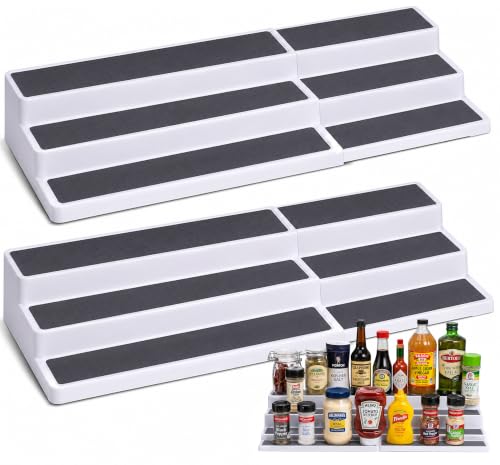 Oizeir Plastic 3-Tier Expandable Spice Rack, Adjustable Length, Stability with Non-Skid Shelf, For Easy Visibility, Organizer for Kitchen Cabinet, Pantry or Countertop, (2-Pack), White/Grey - color: White/Grey, size: 2-Pack