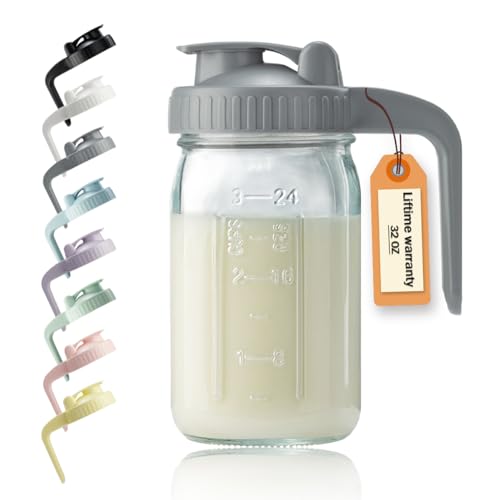 32oz Glass Pitcher with Lid & V-shaped Pour Spout - 1 Quart Breastmilk Pitcher Double Leak Proof, Creamer Container for Sun Tea, Juice, Cold Brew Coffee, Breastmilk Storage Container - color: Gray, size: 32 Ounces
