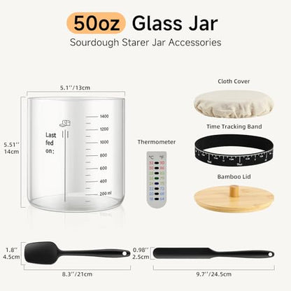 HomeFeel Premium Sourdough Starter Jar - 50 oz Large Glass Jar with Bamboo Lid, Cloth Cover, Date Tracker, Thermometer and Scraper, Stylish Design and Wide Mouth Starter Kit - size: 50 Oz