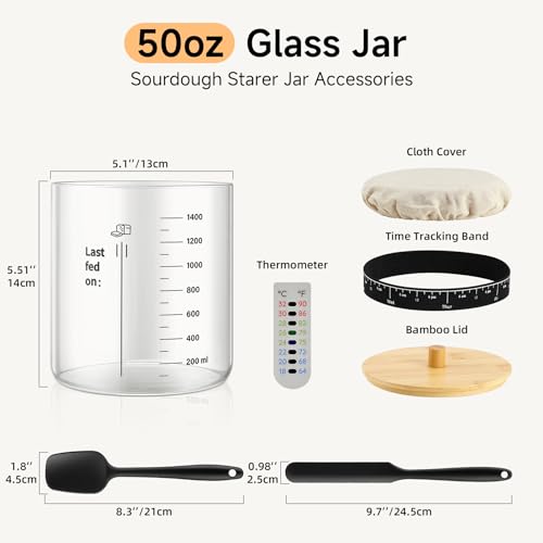 HomeFeel Premium Sourdough Starter Jar - 50 oz Large Glass Jar with Bamboo Lid, Cloth Cover, Date Tracker, Thermometer and Scraper, Stylish Design and Wide Mouth Starter Kit - size: 50 Oz