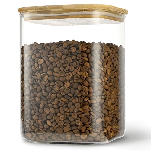 D2scrma 115oz Airtight Glass Square Storage Canister with Bamboo Lid Set of 1 (3400ml) Gallon Glass Jars Large Kitchen Canister for Sugar, Flour, Cookies and Coffee beans (‎with Black Lable) - size: 115oz*1